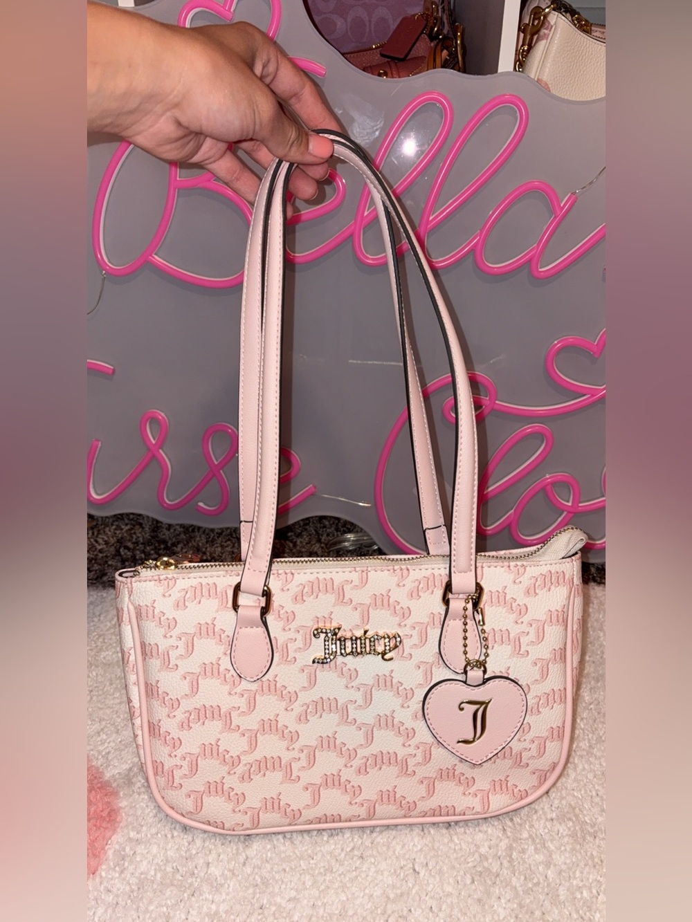 Juicy Couture Light Pink Logo Heart Charm Shoulder Bag